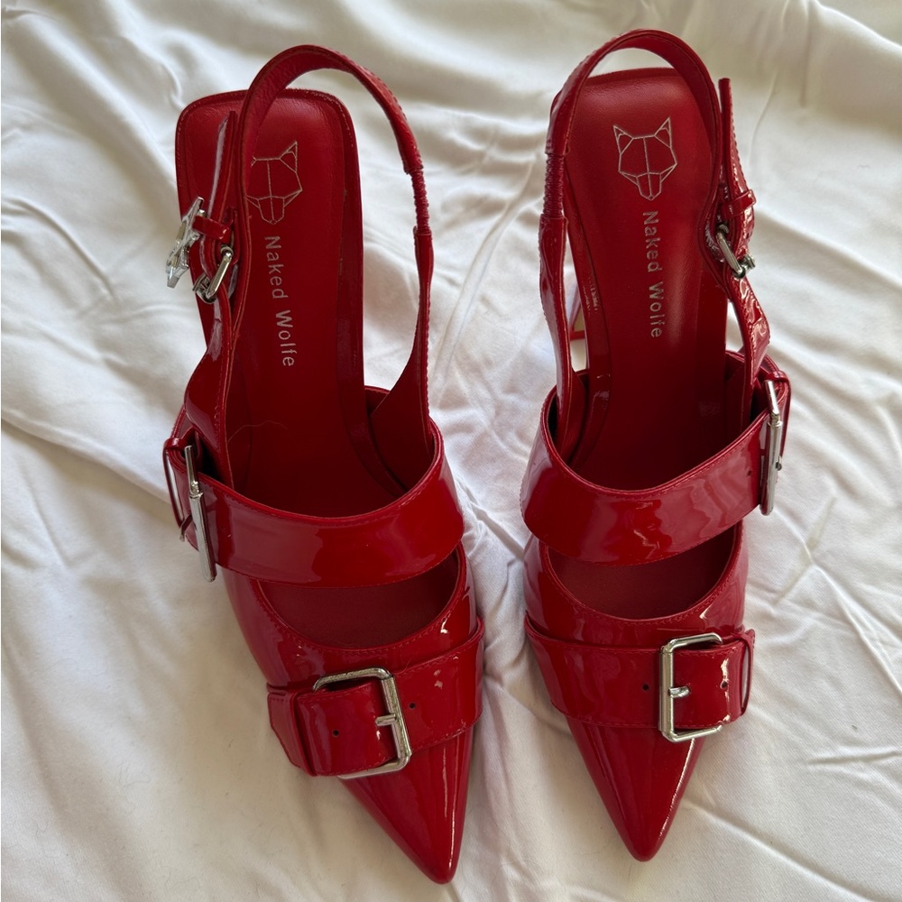 Naked Wolfe Red Stiletto Heels with Gold Buckles
